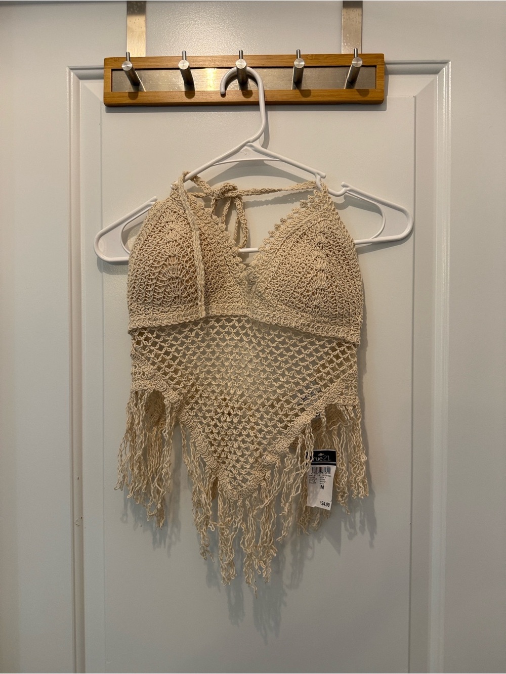 Crochet Fringe Bikini Top in Beige